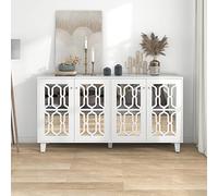 boorbin Aparador blanco de espejo con asas de cristal fresco, cuatro puertas, con laminado móvil, para salón y comedor (blanco, 160 x 40 x 84 cm)