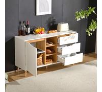 boorbin Aparador blanco moderno con estantes y 3 cajones y espacio de almacenamiento abierto, 140 x 40 x 80,5 cm, con diseño antivuelco, apto para cocina, comedor y sala de estar