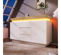 boorbin Aparador con 2 puertas y 3 cajones, con iluminación LED (App Control), armario multiusos para salón y dormitorio, 81 x 140 x 39 cm, color blanco