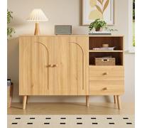 boorbin Aparador con puertas abovedadas, tiradores de madera, patas de madera, con 2 puertas, 2 cajones, 2 compartimentos abiertos, almacenamiento múltiple para salón, comedor, pasillo (natural)
