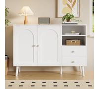 boorbin Aparador con puertas abovedadas, tiradores de madera, patas de madera, con 2 puertas, 2 cajones, 2 compartimentos abiertos, almacenamiento múltiple para salón, comedor, pasillo (blanco)