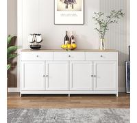 boorbin Aparador con vetas de madera, aparador de cocina, armario buffet, cuatro puertas, tres cajones, salón, comedor, cocina, salón, comedor (blanco, 160 x 37 x 75 cm)