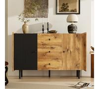 boorbin Aparador de 120 cm, color negro y madera, estilo moderno, dos puertas y tres cajones (negro + color madera, 120 x 40 x 75 cm)