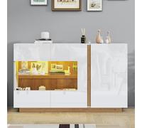 boorbin Aparador de alto brillo, aglomerado blanco con vidrio, base de madera, cómoda armario de pasillo, 138 x 38 x 90,5 cm