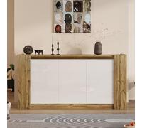 boorbin Aparador en blanco brillante y madera, diseño sin asas, puertas biseladas que actúan como asas al mismo tiempo, bisagras de cierre suave y estantes ajustables