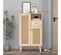 boorbin Aparador en imitación de madera, 2 puertas de ratán, 1 cajón, armario de esquina, cómoda, armario de pie, aparador con gran espacio de almacenamiento, 60 x 40 x 101 cm (color madera, 60 x 40 x