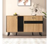 boorbin Aparador grande de madera y negro con espacio de almacenamiento, armario con luz LED y cristal, versátil (natural, 140 x 78,5 x 41 cm)