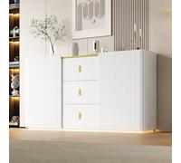 boorbin Aparador LED Ancho 150 cm, Aparador Multifuncional, Highboard, 2 Puertas, 2 cajones, con iluminación LED (Blanco, 150 x 35 x 80 cm)