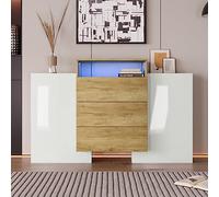 boorbin Aparador moderno, armario de 140 cm, color blanco brillante y madera, efectos de iluminación LED multicolor, solución de almacenamiento elegante (parcialmente brillante)