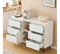 boorbin Aparador moderno con iluminación LED, 6 cajones silenciosos, puertas abiertas, acabado brillante, patas de metal negro mate, para cocina, color blanco, 120 x 40 x 80 cm
