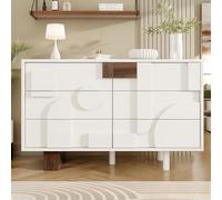 boorbin Aparador moderno con puertas de diseño geométrico sin asas, cajones con función push to pop, apto para comedor, sala de estar, patas de madera maciza, color blanco