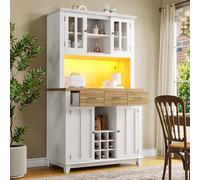 boorbin Armario alto de cocina con encimera, armario de buffet con 6 estantes e iluminación LED, aspecto de madera, para cocina, salón, comedor (color madera+blanco)