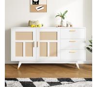 boorbin Armario de almacenamiento de ratán, multifuncional, decorativo moderno, armario de almacenamiento con 2 puertas de ratán, 3 cajones, decoración dorada, 160 x 40 x 87 cm (blanco, 160 x 40 x 87