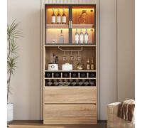 boorbin Armario de baño, armario de licores, vitrina con puertas de cristal e iluminación, 180 cm (natural-2)