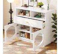 boorbin Armario de cocina, aparador con puertas de cristal, armario de almacenamiento, armario buffet para cocina, comedor y salón, aparador negro moderno, 100 × 40 × 90,5 cm (blanco)