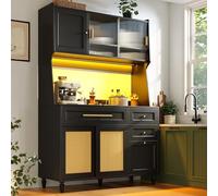 boorbin Armario de cocina, armario alto, armario de vitrina, armario buffet con estantes ajustables, armario de comedor con 3 cajones, aparador con iluminación LED, ratán sintético, color negro