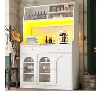 boorbin Armario de cocina, armario alto, vitrina, armario buffet con estantes ajustables, armario de comedor con 2 cajones, aparador con iluminación LED, colores de luz variables (blanco)