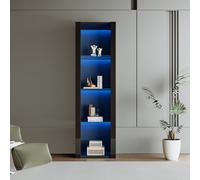 boorbin Armario de vitrina negro brillante con iluminación LED, 3 compartimentos de cristal, 55 x 38 x 166 cm, vitrina, armario de pie, armario alto, armario de almacenamiento