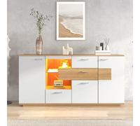 boorbin Armario moderno con mucho espacio de almacenamiento, con iluminación LED, 2 puertas, 4 cajones, estante de cristal, aspecto de madera, muebles de salón, cómoda, armario multiusos (color