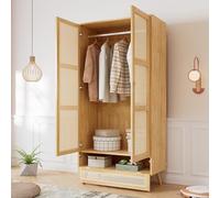 boorbin Armario moderno de 2 puertas con barra, aspecto de malla de ratán, tapa inferior abatible, tablero de partículas + ratán PE, estilo natural para dormitorio y salón