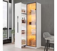 boorbin Armario multifunción de 160 cm de alto - Estantería y vitrina con puertas de vidrio templado, marco de puerta de aluminio, 1 puerta, 1 cajón lateral, con ruedas e iluminación LED (blanco)