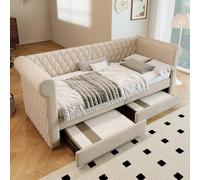 boorbin Cabecero vintage tapizado de 90 x 200 cm, sofá cama con 2 cajones de almacenamiento, cama infantil, cama juvenil, estructura de cama con somier de madera, lino, sin colchón (beige)