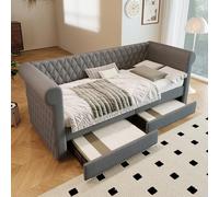 boorbin Cabecero vintage tapizado de 90 x 200 cm, sofá cama con 2 cajones de almacenamiento, cama infantil, cama juvenil con somier de madera, lino, sin colchón (gris)