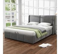 boorbin Cama acolchada, forma de oreja, cabecero de almohada, cama doble hidráulica funcional (gris, 140 x 200 cm)