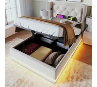 boorbin Cama acolchada individual, material de algodón beige, cama de almacenamiento hidráulico, cabecero acolchado con función de carga USB tipo C, función LED de 3 caras, sin colchón (90 x 200 cm)