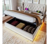 boorbin Cama acolchada individual, material de algodón beige, cama de almacenamiento hidráulico, cabecero acolchado con función de carga USB tipo C, función LED de 3 caras, sin colchón (180 x 200 cm)
