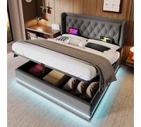boorbin Cama acolchada individual, material de algodón gris, cama de almacenamiento hidráulico, cabecero acolchado con función de carga USB tipo C, función LED de 3 caras, sin colchón (140 x 200 cm)