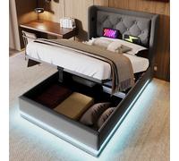 boorbin Cama acolchada individual, material de algodón gris, cama de almacenamiento hidráulico, cabecero acolchado con función de carga USB tipo C, función LED de 3 caras, sin colchón (90 x 200 cm)