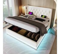 boorbin Cama acolchada individual, material de poliuretano blanco, cama de almacenamiento hidráulico, cabecero acolchado con función de carga USB tipo C, función LED de 3 caras, sin colchón (180 x 200