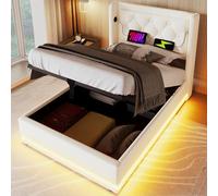 boorbin Cama acolchada individual, material de poliuretano blanco, cama de almacenamiento hidráulico, cabecero acolchado con función de carga USB tipo C, función LED de 3 caras, sin colchón (90 x 200