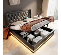 boorbin Cama acolchada individual, material de poliuretano negro, cama de almacenamiento hidráulico, cabecero acolchado con función de carga USB tipo C, función LED de 3 caras, sin colchón (180 x 200
