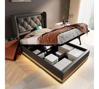 boorbin Cama acolchada individual, material de poliuretano negro, cama de almacenamiento hidráulico, cabecero acolchado con función de carga USB tipo C, función LED de 3 caras, sin colchón (90 x 200