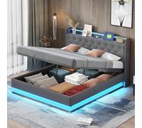 boorbin Cama acolchada LED con puerto de carga USB y almacenamiento hidráulico, tela de lino agradable a la piel, 160 x 200 cm (gris)