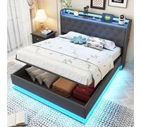 boorbin Cama acolchada LED con puerto de carga USB y almacenamiento hidráulico, tela de lino agradable a la piel, 140 x 200 cm (gris)