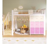 boorbin Cama alta 140 × 200 cm, metal, con cajones, barra para colgar, barandilla, escalera con espacio de almacenamiento, sin colchón, para adolescentes, niños y adultos (blanco, 140 x 200 cm)