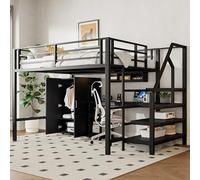 boorbin Cama alta, 140 x 200 cm, armario, estanterías, escalera, escritorio, sin colchón (negro)