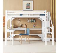 boorbin Cama alta, 140 x 200 cm, elegante escritorio en forma de L, madera de pino, armario abierto, estilo minimalista, blanco