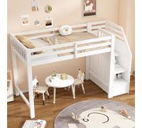 boorbin Cama alta, 90 x 200 cm, cama con somier (sin colchón), barandilla, escalones plegables, espacio libre para disfrazarse a voluntad, blanco (255,5 x 95 x 155 cm)