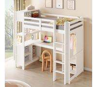 boorbin Cama alta, 90 x 200 cm, cama juvenil con escalera y protección anticaídas, estanterías para cunas, varios estantes, escritorio, armario, para niños, adolescentes y adultos (color blanco)