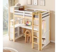 boorbin Cama alta, 90 x 200 cm, cama juvenil con escalera y protección anticaídas, estanterías para cuna, varios estantes, escritorio, armario, para niños, adolescentes y adultos (natural)