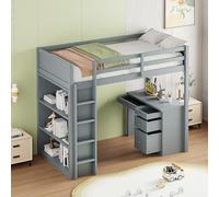 boorbin Cama alta 90 x 200 cm con armarios de almacenamiento y mesa para ordenador, cama alta multifuncional para niños de madera (gris)