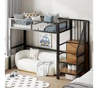 boorbin Cama alta 90 x 200 cm con escalera, cuna con marco de hierro y estante de almacenamiento, armario (negro)
