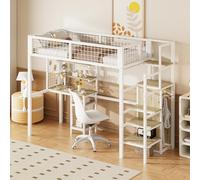 boorbin Cama alta 90 x 200 cm con escalera de seguridad, cuna con marco de hierro, armario y escritorio para ordenador, color blanco