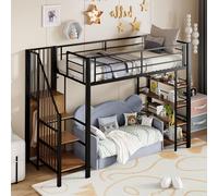 boorbin Cama alta 90 x 200 cm, con escalera de seguridad, espacio de almacenamiento y armario pequeño, estantes, diseño de valla alta, cama individual, cama juvenil (negro)
