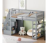 boorbin Cama alta 90 x 200 cm, diseño de seguridad con armario, estantes y espacio de almacenamiento con escalera de seguridad, cama multifunción, cama de madera maciza (gris)
