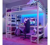 boorbin Cama alta, 90 x 200 cm, marco de hierro, escritorio, barandilla, escalera de tijera, varios estantes, con enchufe USB+Type-c, con barra LED, con tablero perforado, sin colchón (blanco)